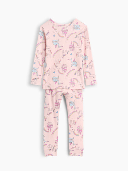 Pembe Organik Brushed Pamuk Unicorn Grafik Baskılı Pijama Takımı