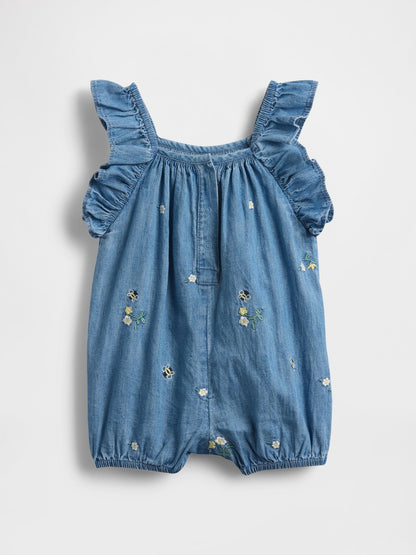Mavi Denim Ruffle Kısa Tulum