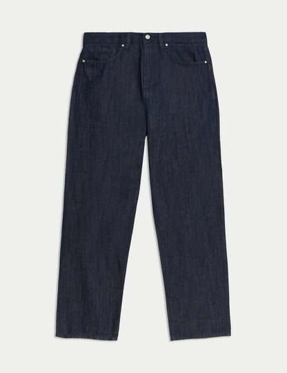 Keten Karışımlı Geniş Paça Jean Pantolon