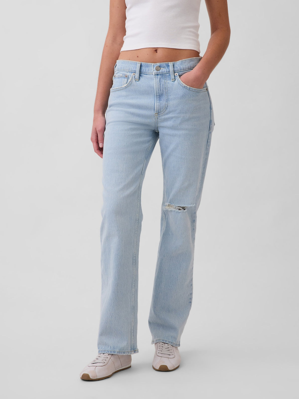Açık Mavi Mid Rise Relaxed Straight Jean Pantolon