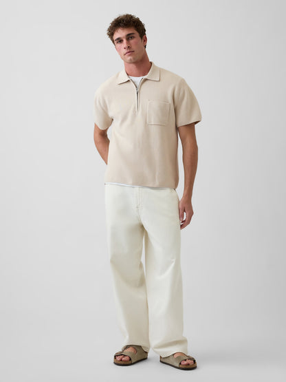 Siyah Oversized Yarım Fermuarlı Cepli Triko Polo T-shirt