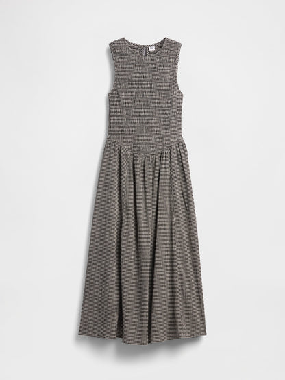 Siyah Gingham Smocked Drop-waist Maxi Elbise