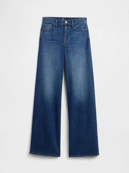 Koyu Mavi Mid Rise Wide-leg Jean Pantolon