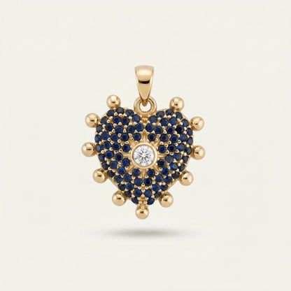 Beaded Hearth Kalp Figürlü Safir Mavisi Ve Beyaz Renk Taşlı Altın Kolye Ucu