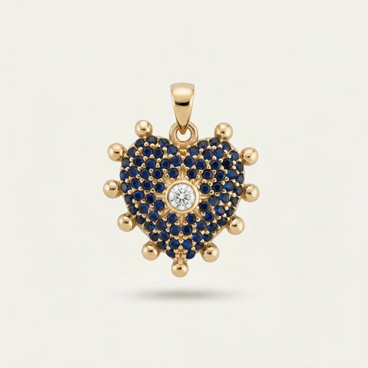 Beaded Hearth Kalp Figürlü Safir Mavisi Ve Beyaz Renk Taşlı Altın Kolye Ucu
