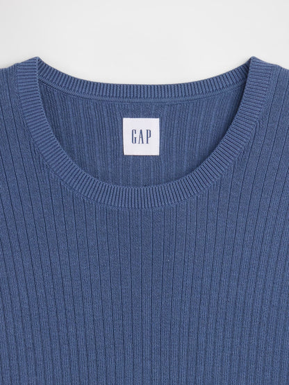 Mavi Ribbed Bisiklet Yaka Triko T-shirt