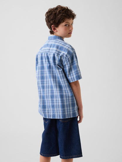 Mavi Kids Textured Ekoseli Relaxed Tatil Gömleği