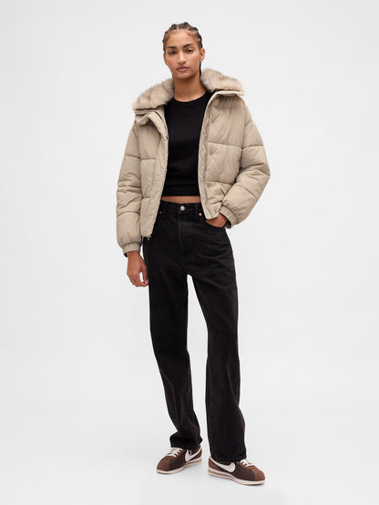 Bej Faux Fur-trim Puffer Şişme Mont