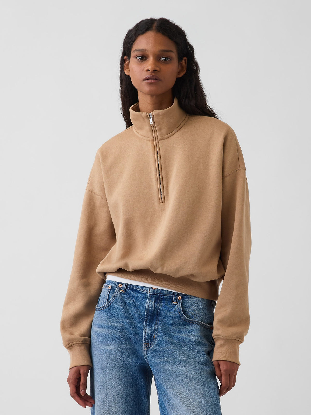 Açık Kahverengi Vintagesoft Oversized Yarım Fermuarlı Wedge Sweatshirt