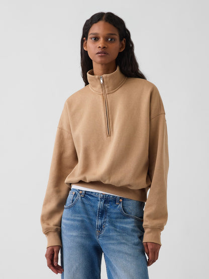 Açık Kahverengi Vintagesoft Oversized Yarım Fermuarlı Wedge Sweatshirt