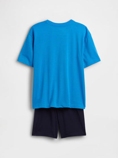 Mavi Recycled Oversized Futbol Baskılı Şort Pijama Seti