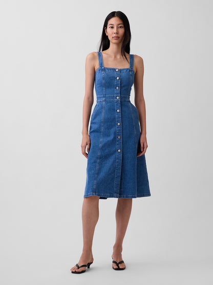 Mavi Denim Düğmeli Midi Elbise