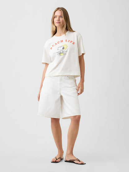 Beyaz Peanuts Oversized Grafik Baskılı T-shirt