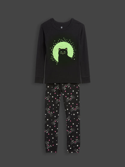 Siyah Glow-in-the-dark Halloween Cat Pijama Takımı