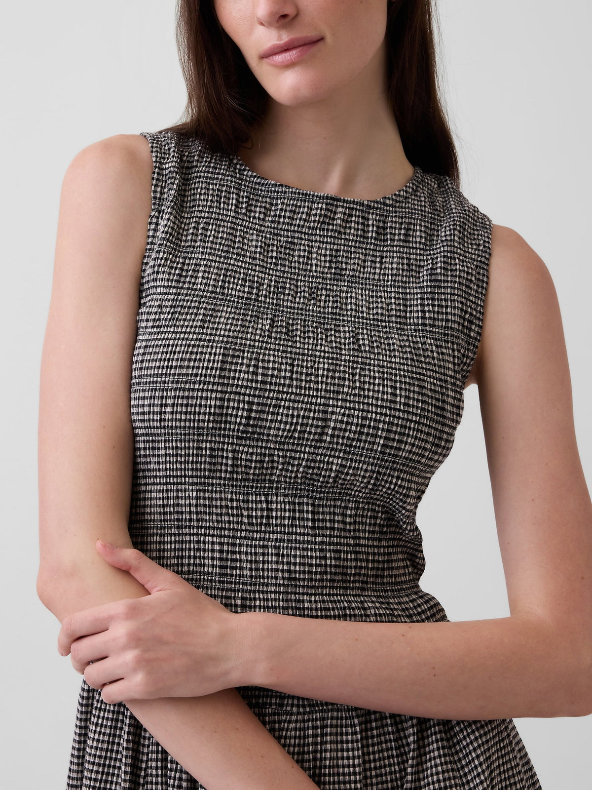 Siyah Gingham Smocked Drop-waist Maxi Elbise