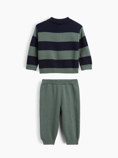 Lacivert Bebek Çizgili Polo Kazak Outfit Set