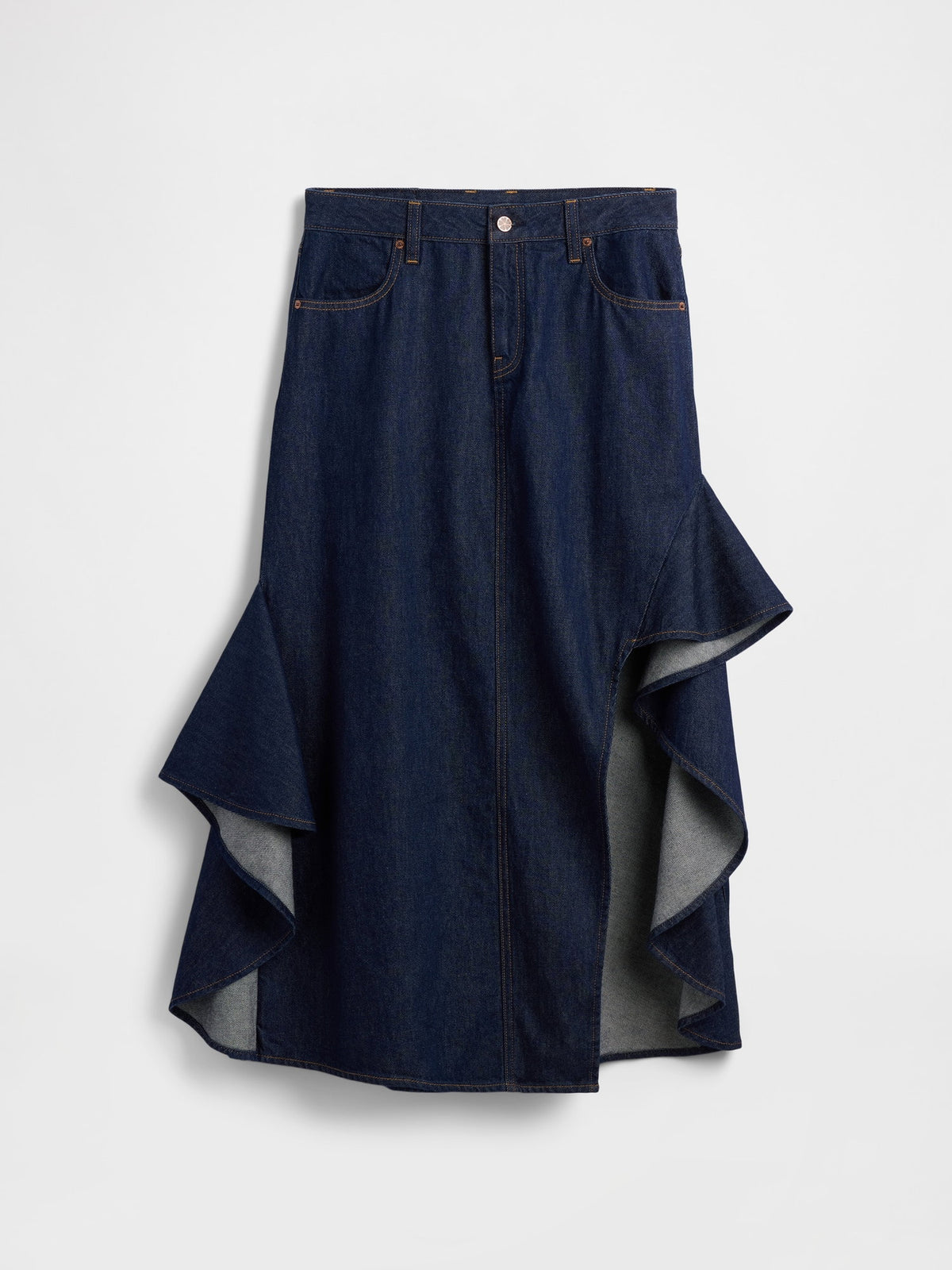 Koyu Mavi Gap × Hfr Fırfırlı Denim Midi Etek By Igdalyah