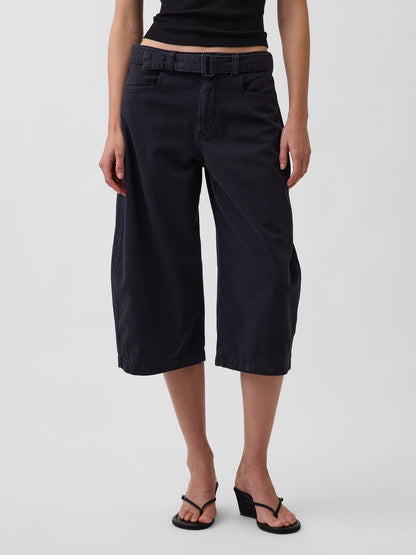 Siyah Mid Rise Kemerli Culotte Barrel Pantolon