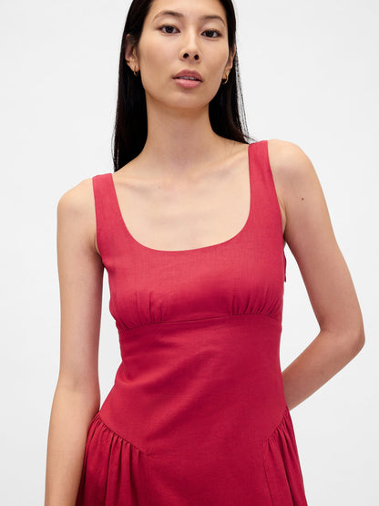 Kırmızı Keten Karışımı Shirred Maxi Elbise