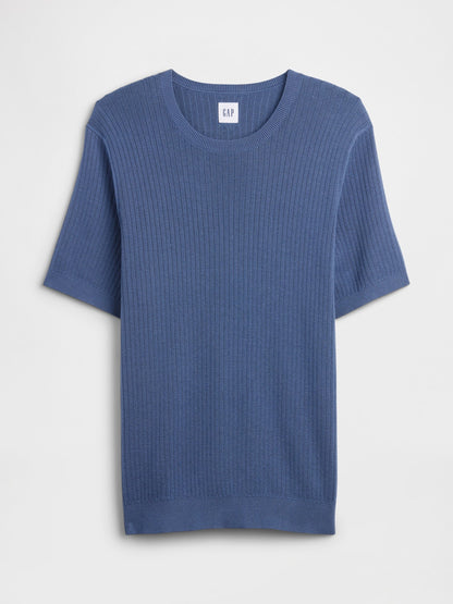 Mavi Ribbed Bisiklet Yaka Triko T-shirt