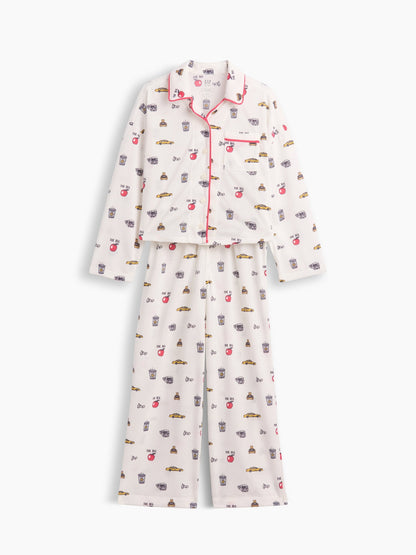 Kırık Beyaz Recycled Baskılı Pijama Takımı