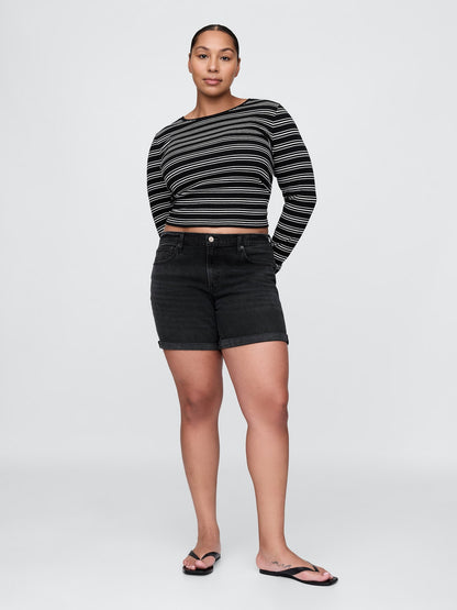 Siyah 5 Mid Rise Denim Girlfriend Şort