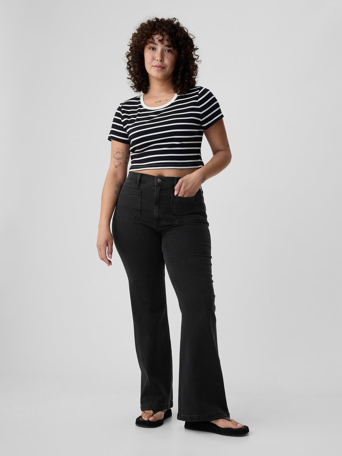 Siyah High Rise '70s Flare Jean Pantolon