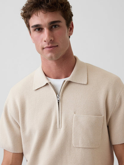 Siyah Oversized Yarım Fermuarlı Cepli Triko Polo T-shirt