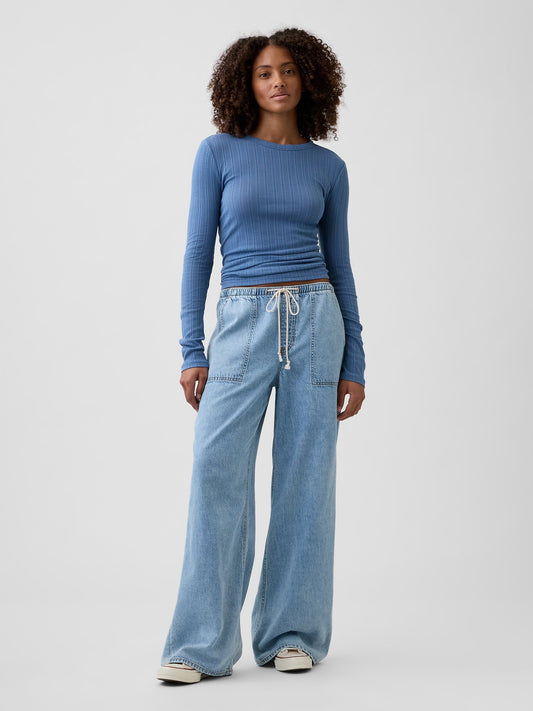 Açık Mavi Mid Rise Pull-on Superlight Wide-leg Jean Pantolon