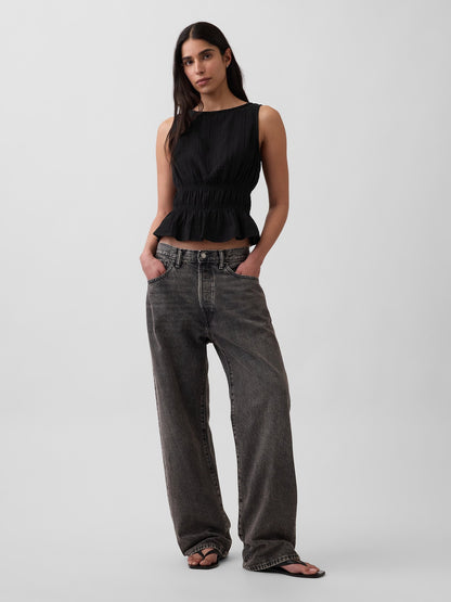 Siyah Pamuklu Gauze Smocked-waist Peplum Bluz