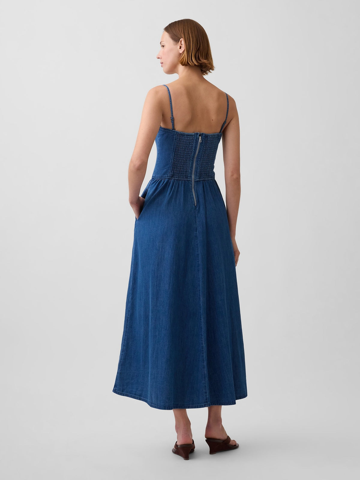 Koyu Mavi Strapless Denim Maxi Elbise