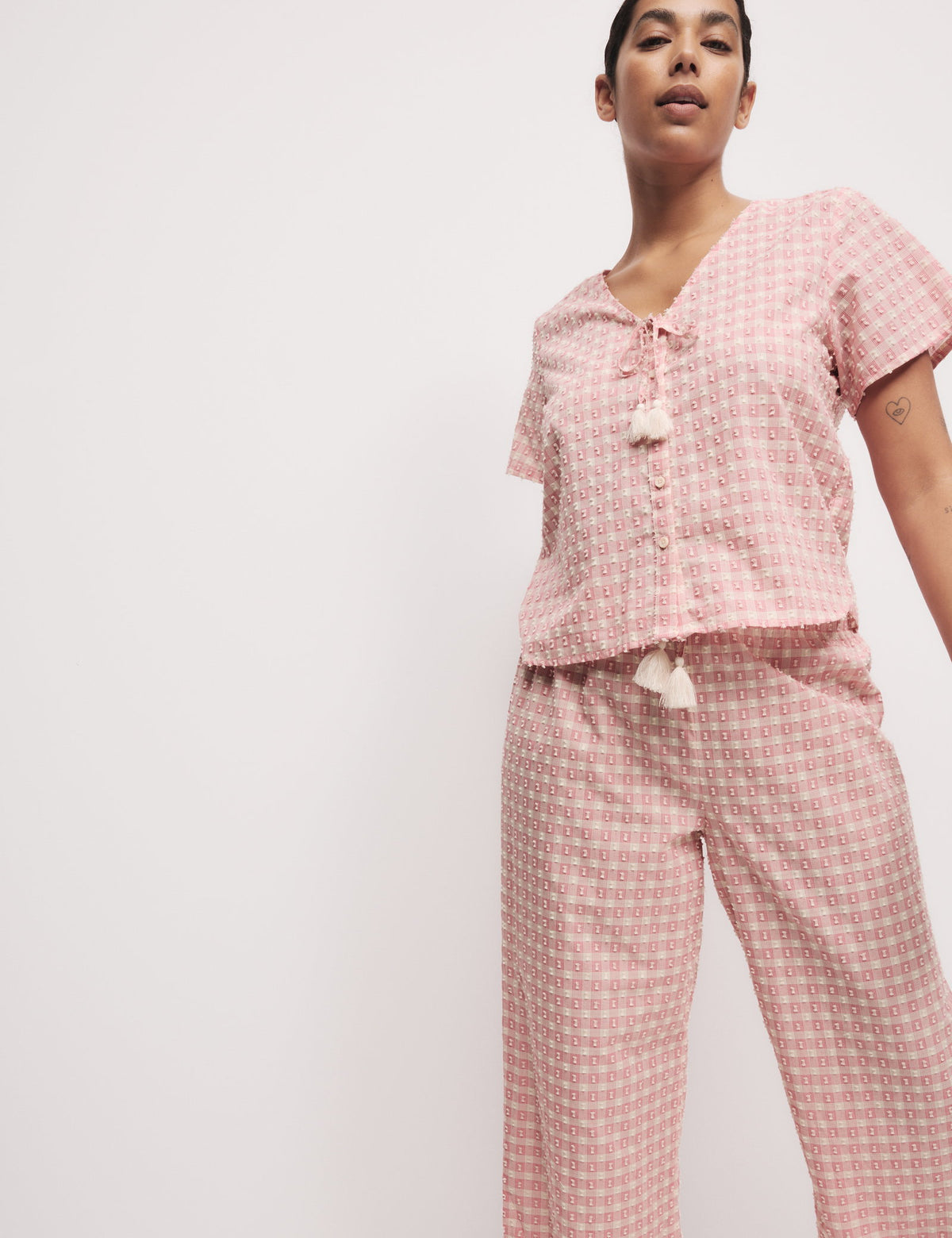 Saf Pamuklu Kareli Bağcıklı Pijama Üstü