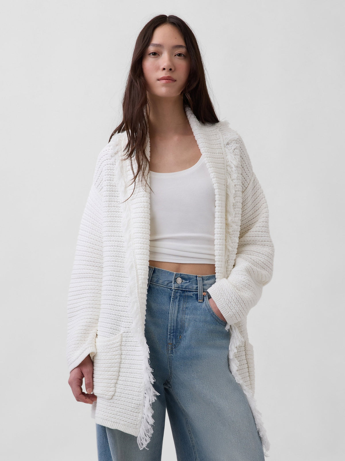 Beyaz 100% Pamuk Oversized Fringe Shawl Hırka