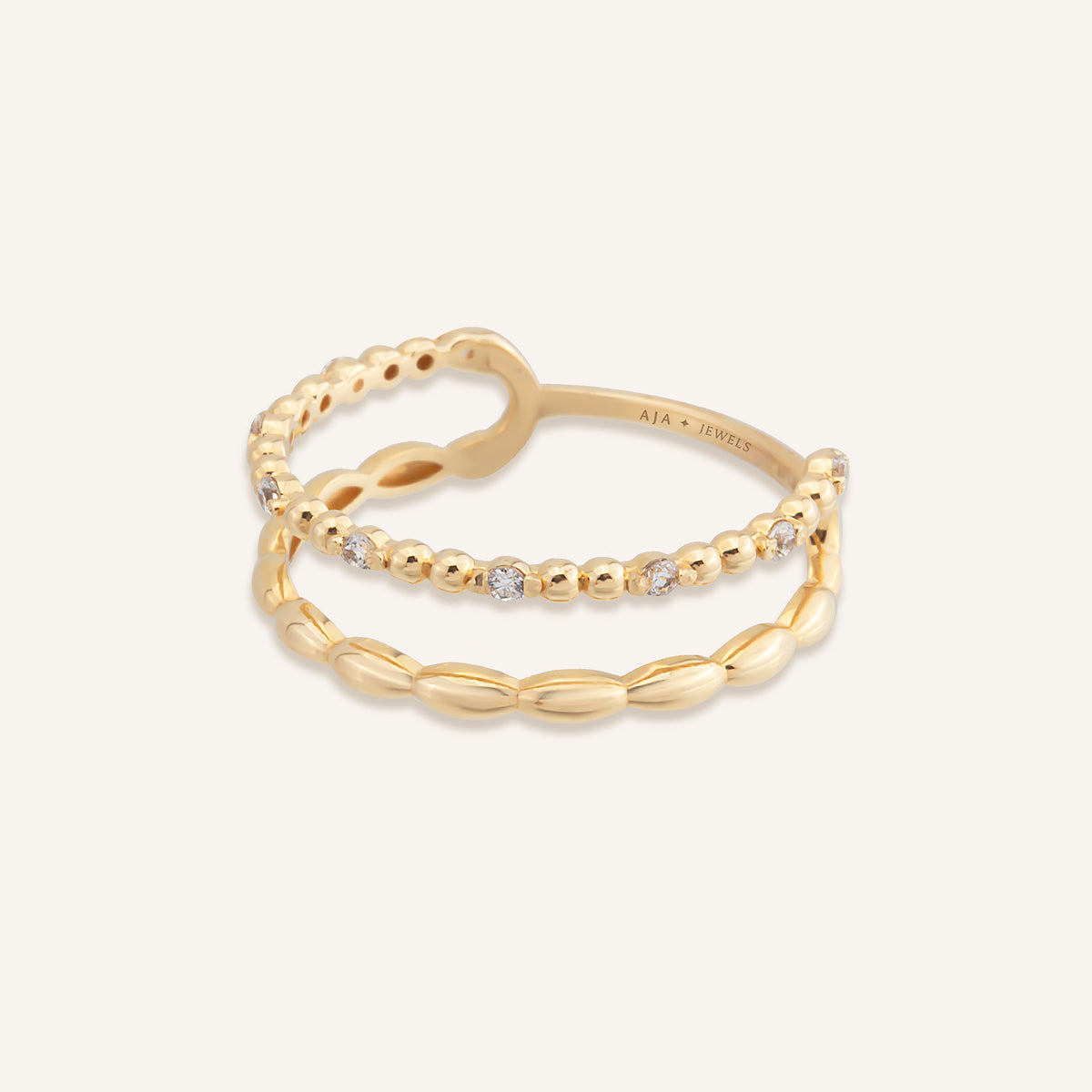 Aurielle Çift Bant Tasarımlı Boncuk Detay Taşlı Altın Yüzük