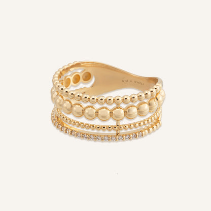 Ferisse Çok Bant Tasarımlı Boncuk Detay Sıra Taşlı Altın Yüzük