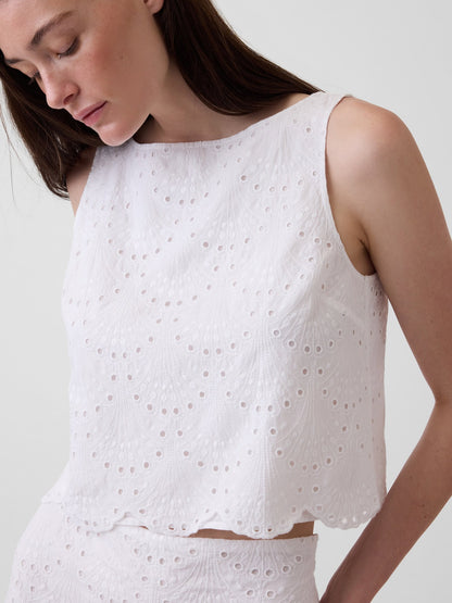 Beyaz Eyelet Crop Shell Askılı Bluz
