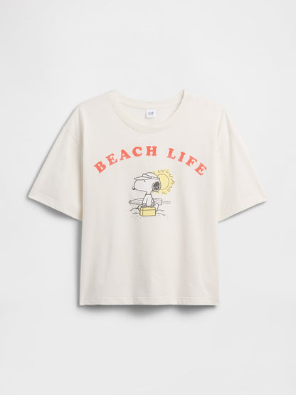 Beyaz Peanuts Oversized Grafik Baskılı T-shirt