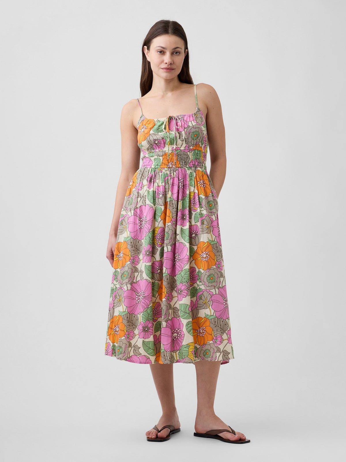 Çok Renkli Smocked Tie-front Midi Elbise
