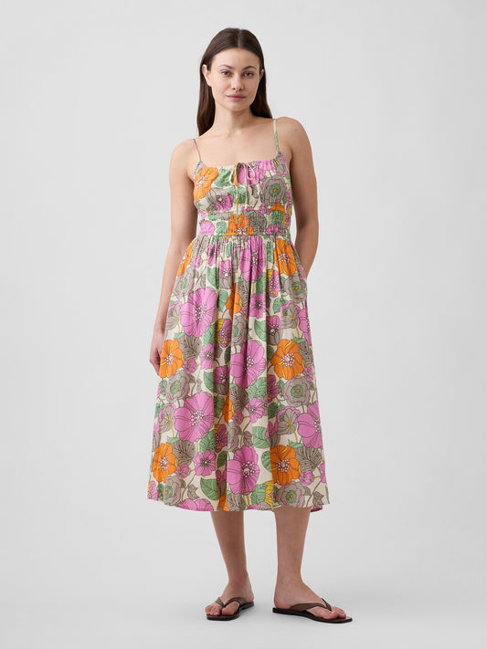 Çok Renkli Smocked Tie-front Midi Elbise