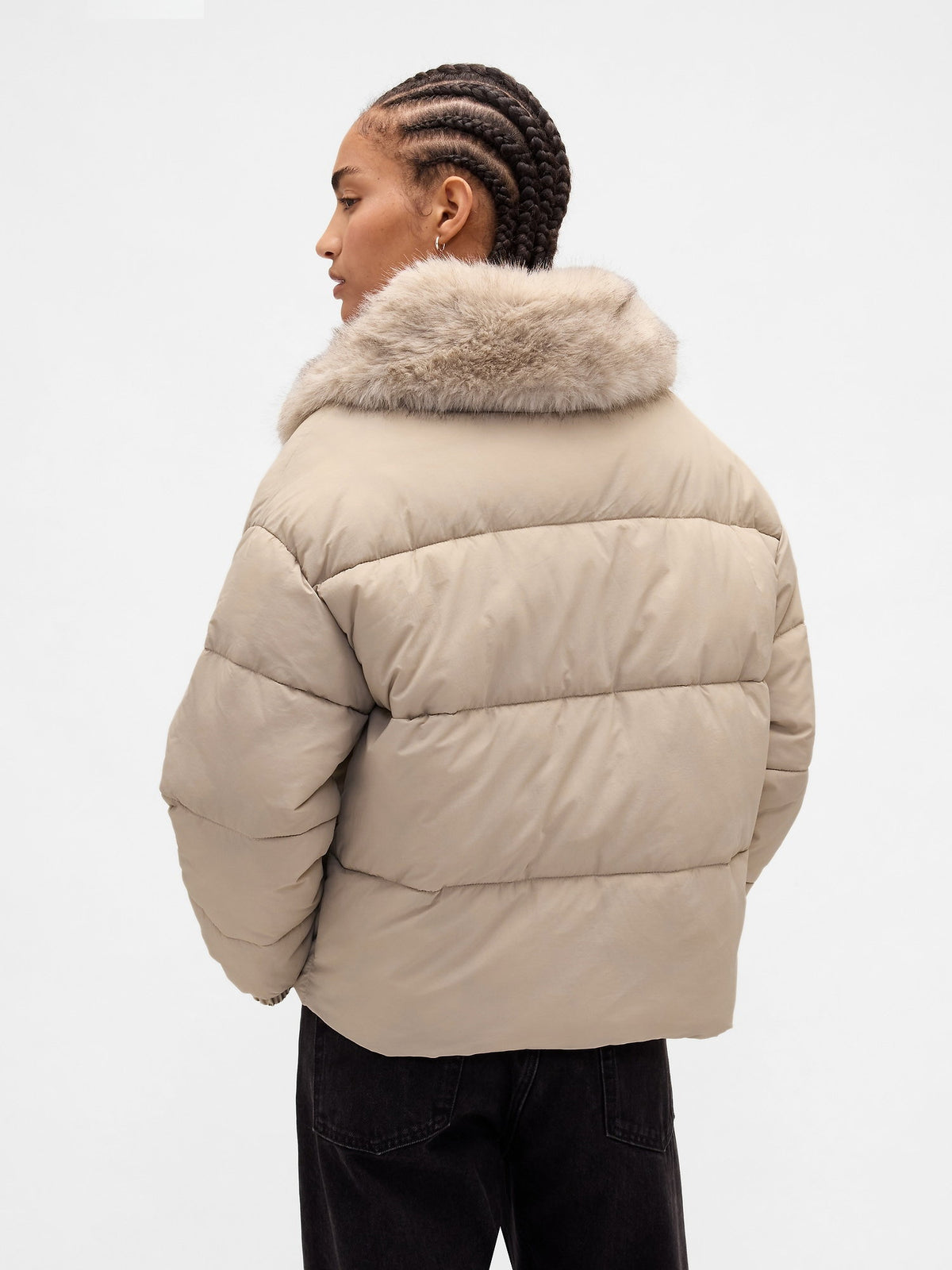 Bej Faux Fur-trim Puffer Şişme Mont