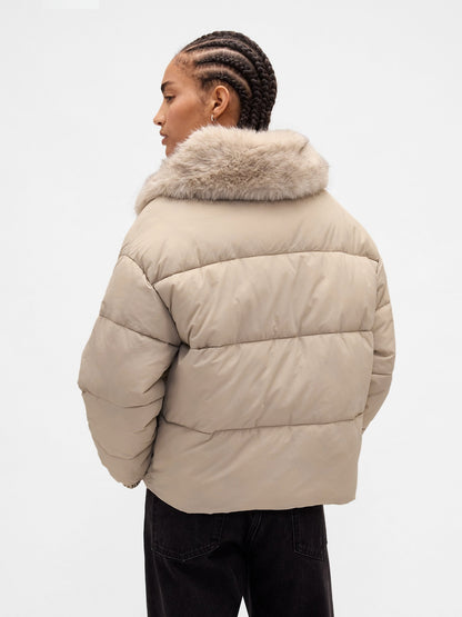 Bej Faux Fur-trim Puffer Şişme Mont