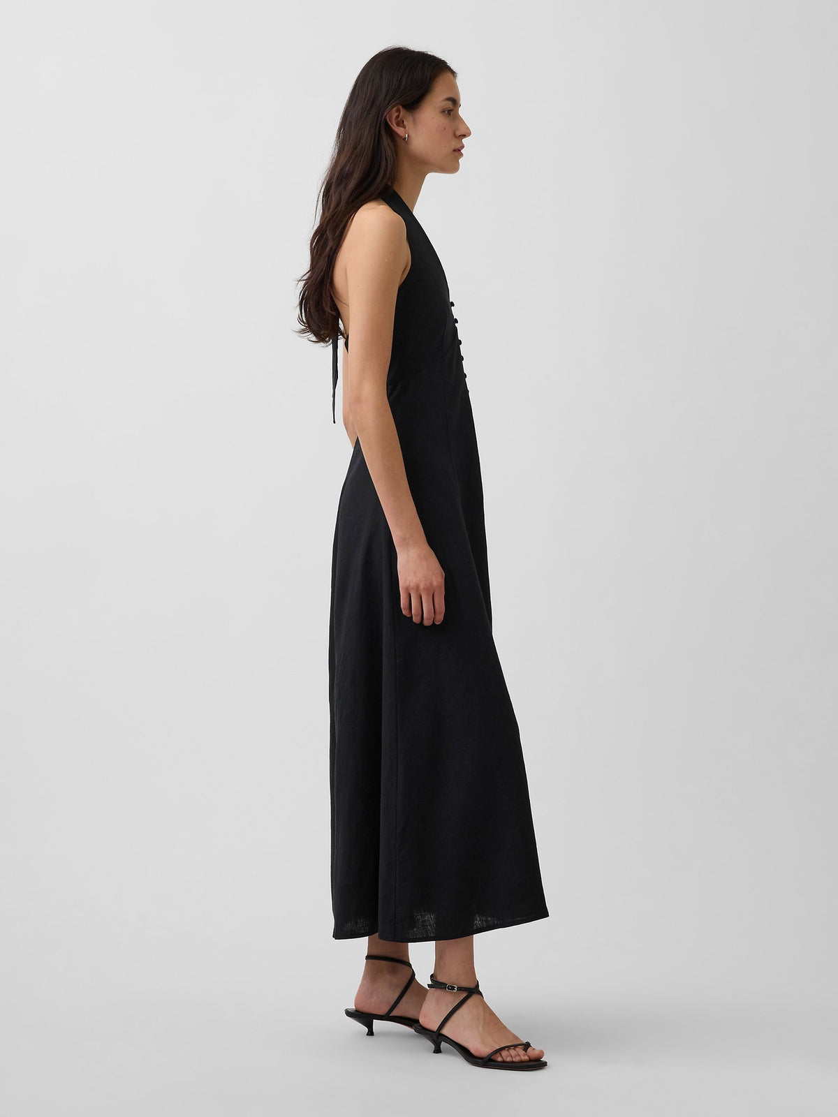 Siyah Keten Karışımlı Halter Maxi Elbise