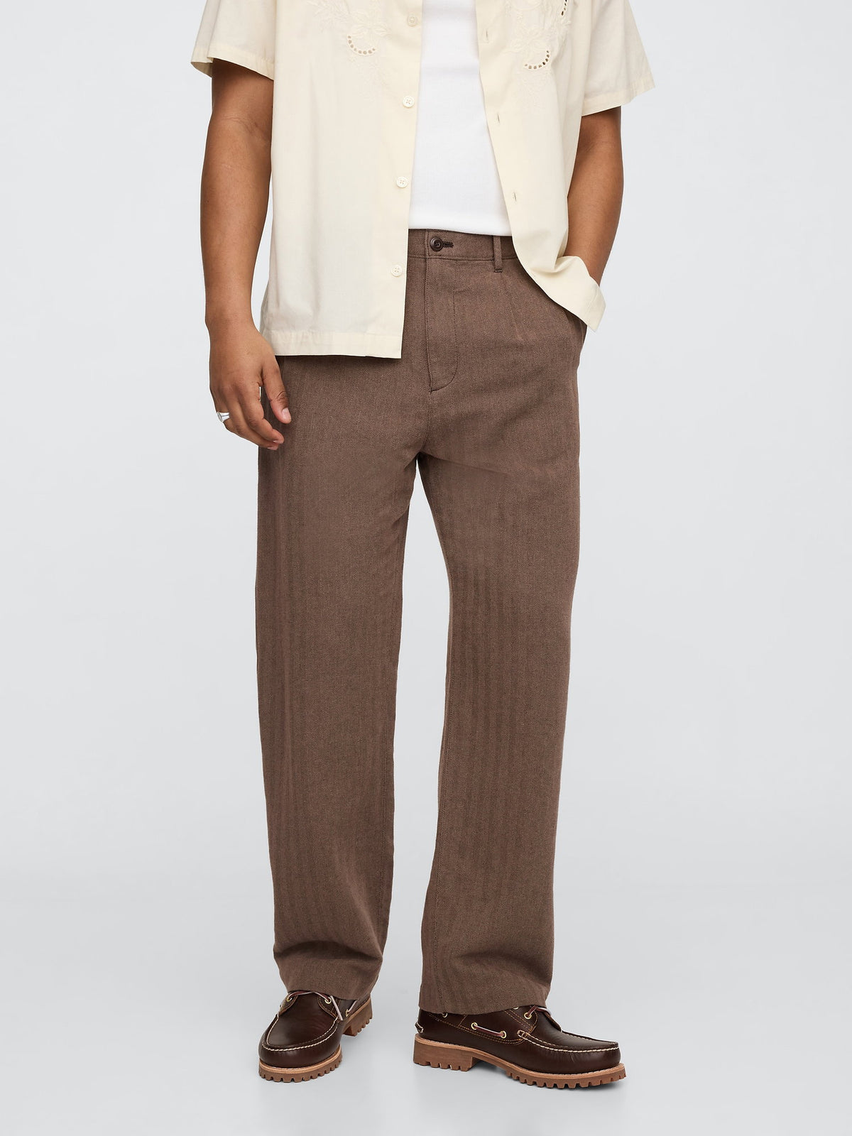 Kahverengi Keten Pamuk Karışımlı '90s Loose Pileli Khaki Pantolon