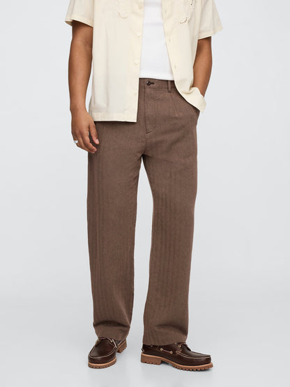 Kahverengi Keten Pamuk Karışımlı '90s Loose Pileli Khaki Pantolon