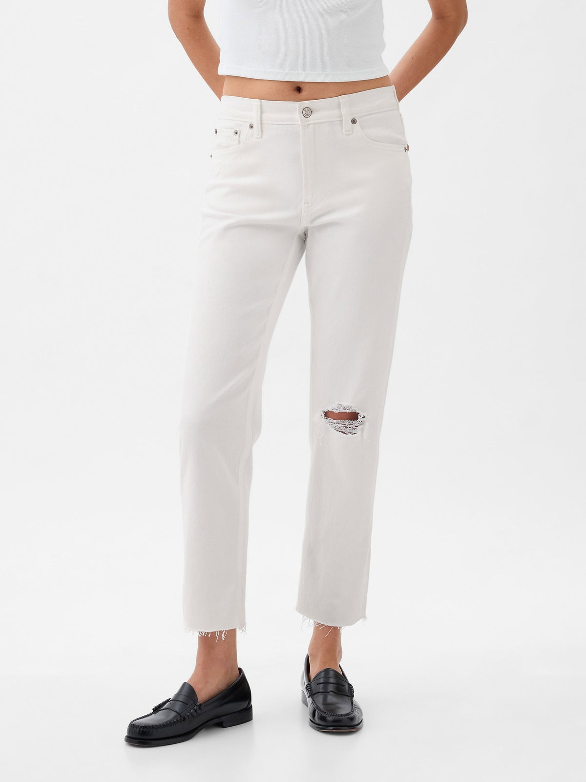 Beyaz High Rise Cheeky Straight Jean Pantolon