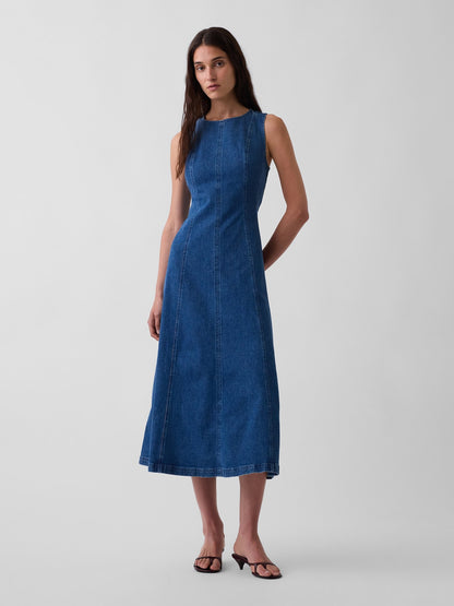 Koyu Mavi Seamed Denim Maxi Elbise