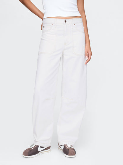 Beyaz High Rise Barrel Carpenter Jean Pantolon