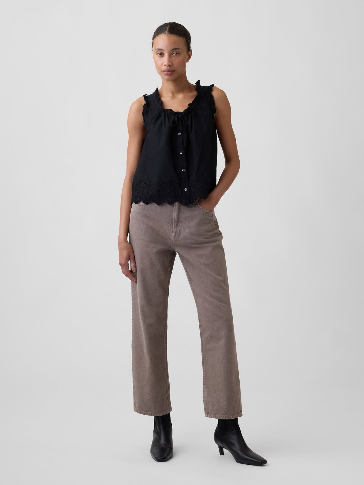 Açık Kahverengi Low Slung Relaxed Straight Crop Jean Pantolon