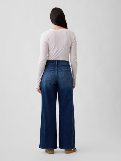 Koyu Mavi Mid Rise Wide-leg Jean Pantolon