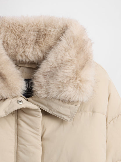 Bej Faux Fur-trim Puffer Şişme Mont